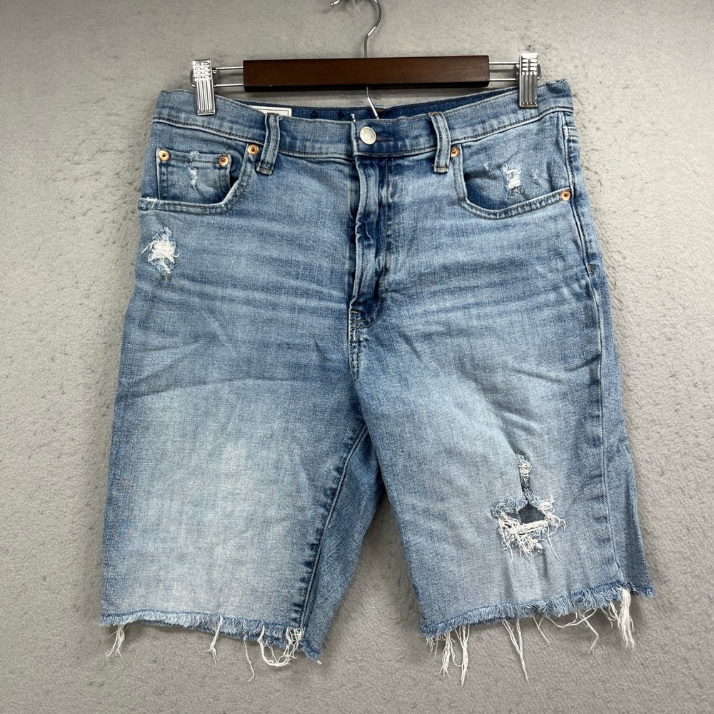 Gap Bermuda Jean Shorts Womens 8R Blue Denim Jorts High Rise Distressed Raw Hem